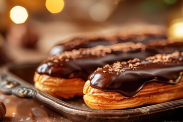 Close-up of delicious chocolate eclairs on a vintage tray, perfect for a dessert menu, bakery display, or culinary blog.