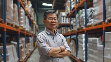 Fototapeta premium Asian businessman in a warehouse engaged in a discussion about inventory