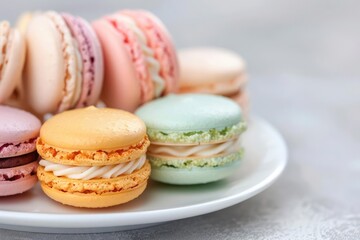 Close-up of vibrant, assorted macarons on a white plate, showcasing a variety of colors and flavors, perfect for a dessert or pastry concept.