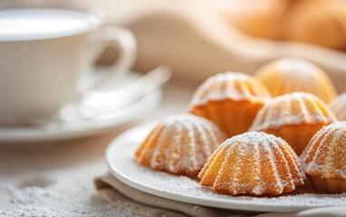 Delicious cupcakes dusted with powdered sugar served on a white plate, accompanied by a cup of tea in a cozy setting.