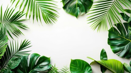Tropical Green Leaves on a White Background. Generative ai