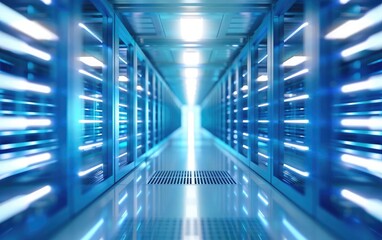 Fototapeta premium Modern data center with blue LED lights illuminating server racks, showcasing advanced technology and infrastructure.