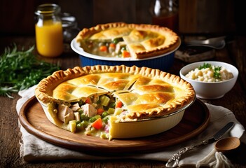 rustic chicken pot homestyle dish golden savory comfort food concept, crust, filling, traditional, hearty, flaky, poultry, vegetables, creamy, gravy