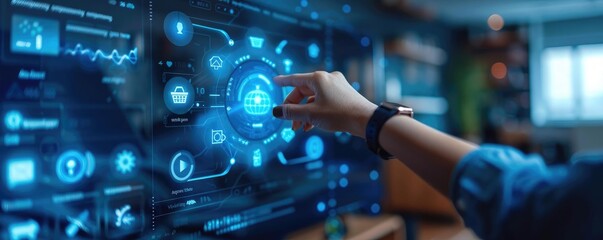 Person interacting with futuristic digital touchscreen interface in a modern tech environment, signifying innovation and technology.