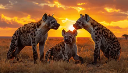  Three hyenas gather in the golden light of a breathtaking African sunset, showcasing the beauty of wildlife and nature. © Chopang.studio