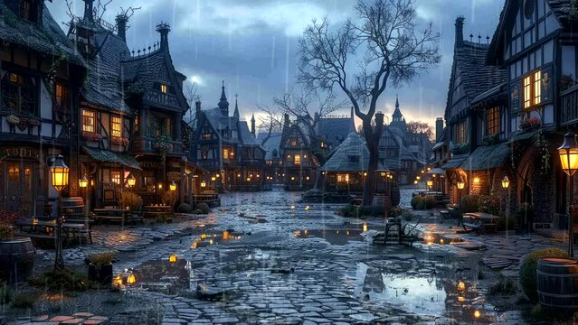 Medieval village street in rainy night with glowing lanterns and wet cobblestone. Historical and atmospheric concept