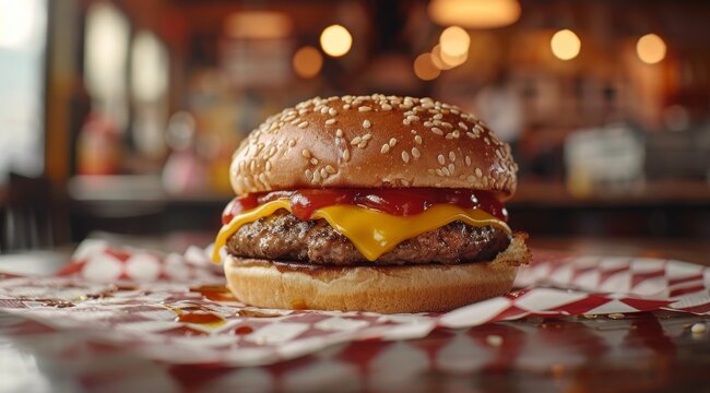 Close-up of a cheeseburger topped with ketchup in a cozy diner, showcasing a juicy patty and sesame seed bun.