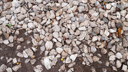 Gravel and soil texture background. Abstract background of gravel and ground texture. Nature, landscape, garden floor, dirty, small gravel, rock and crushed stone concepts. Top view pebble background.