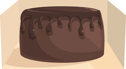 Chocolate cake with dripping icing sitting in a cardboard box, ready to be served as a delicious dessert