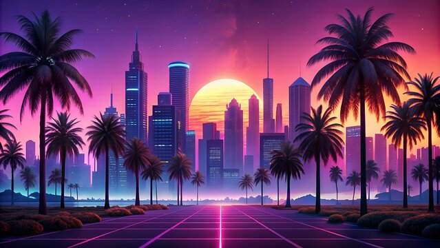 Vibrant purple sunset backdrop with palm trees and futuristic neon-lit skyscrapers, evoking a retro-futuristic atmosphere reminiscent of classic sci-fi movies and synthwave music.