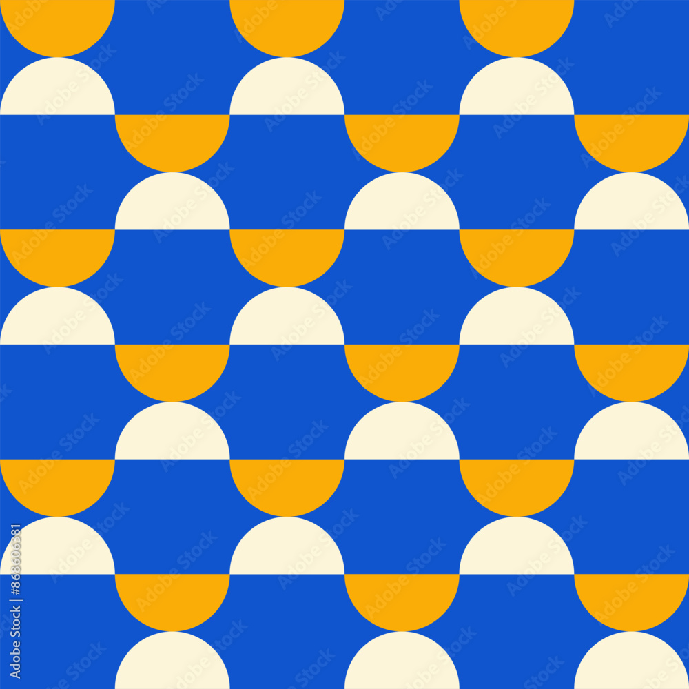 Poster trendy retro geometric seamless pattern with colorful semicircles on a blue background. modern minim