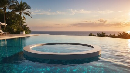 Obraz premium Podium stand in luxury swimming pool water with sea and sunset view.Hotel resort poolside backdrop. Summer background of tropical design product placement display.