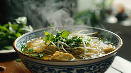 a steaming bowl of vegan pho, with rice noodles, tofu, bean sprouts, and fresh herbs, served in a traditional Vietnamese bowl with an Asian-inspired kitchen background