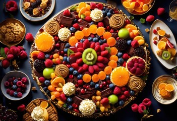 exquisite dessert platter overflowing various sweet treats, sweets, elegant, delicious, colorful, assortment, delectable, tempting, indulgent, confectionery,