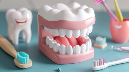 Obraz premium Comprehensive oral care: toothbrush cleaning teeth, importance of dental hygiene, focus on maintaining healthy gums, bright smile through proper brushing techniques, routine care.