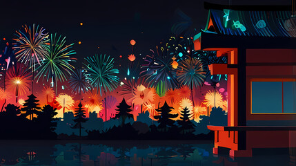 Obraz premium Art Illustration that merges traditional Japanese art with modern fireworks, blending intricate patterns and vibrant colors