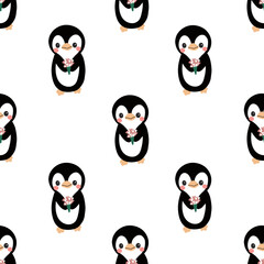 pattern with cute penguins with pink flowers 