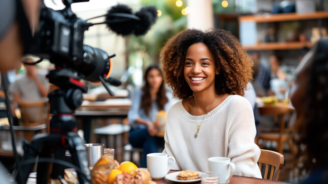 Smiling woman with curly hair is being interviewed on camera at a cafe, enjoying coffee and breakfast in a relaxed and cheerful setting.