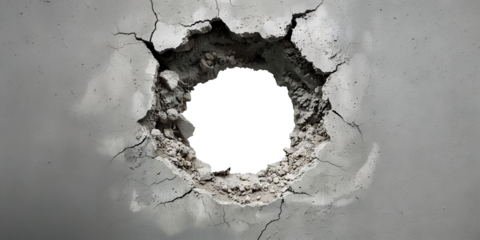 Hole in concrete wall with rough edges, cut out
