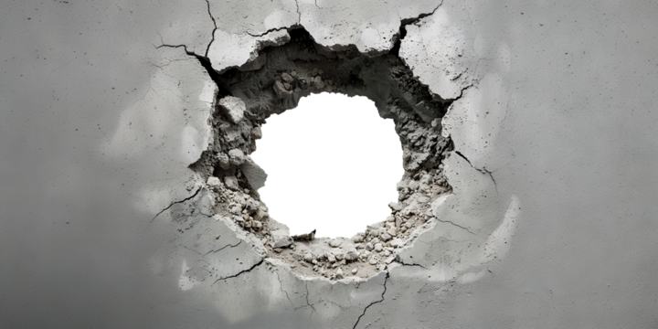 Hole in concrete wall with rough edges, cut out