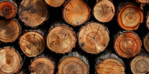 Fototapeta premium Close-up of a neat pile of logs lying in the forest