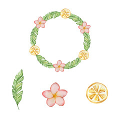 Watercolor tropical frame with flowers and leaves