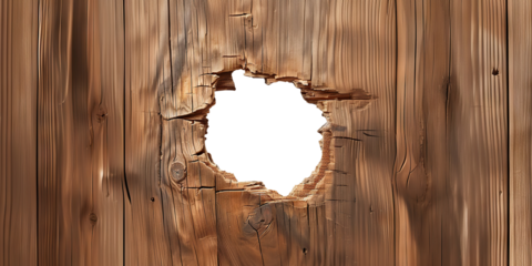 Hole in weathered wooden wall, cut out