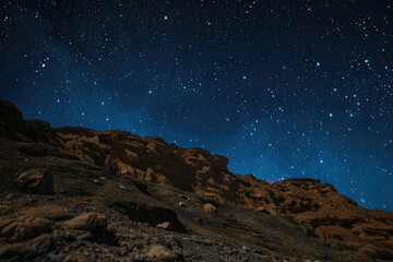 Desert Night Sky. Stunning Starry Night Landscape with Mountain Silhouette