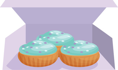 Three cupcakes with blue icing and sprinkles, resting in a slightly opened cardboard box
