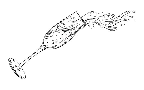 Glass goblet with champagne and splashes, sparkling wine. Line art is a simple hand-drawn illustration in black and white ink. Isolated vector EPS object.