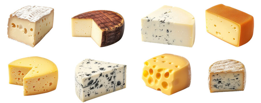 A variety of different cheese types on a transparent background. showcasing various textures and colors, ideal for culinary and food-related projects.
