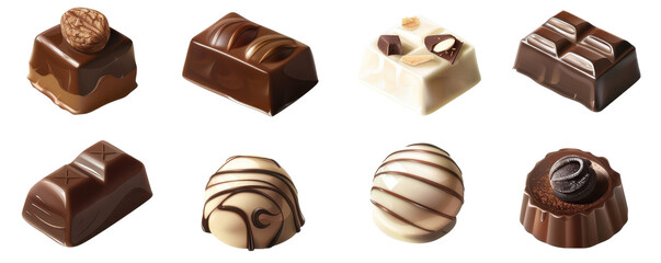 Assorted chocolate pralines in various shapes and flavors. Perfect for dessert, wedding, gift, confectionery, holiday, and gourmet sweet treats.