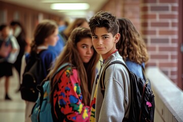 Obraz premium Nostalgic school days: a vibrant glimpse into the 1990s with schoolchildren and teenagers, capturing the essence of youth culture, education, friendships, and iconic fashion