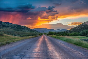 Naklejka premium Sunset in Utah: Dramatic Colors over a Desert Road in the American Countryside