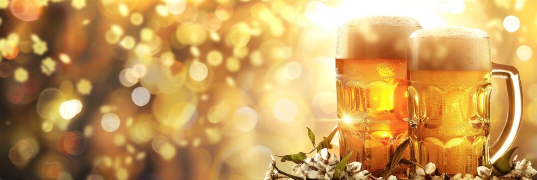 Horizontal banner. International Beer Day. Two mugs of cold light beer with foam on a yellow background. Bokeh effect. Free space for text, copy space - Powered by Adobe
