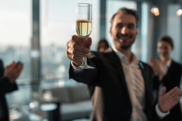 entrepreneur raising a glass of champagne in a modern office setting. The background includes sleek furniture, large windows with a city view, and colleagues clapping and smiling,