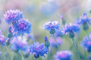 Centaurea Cyanus - Blue Cornflower in Nature Field. Summer Flower with Purples and Greens