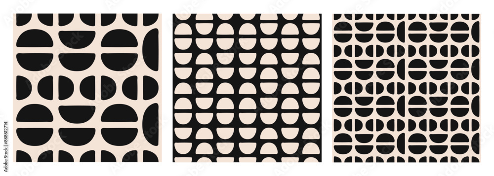 Poster Modern set of abstract geometric seamless patterns with semi circles and circles. Black and white colors. Vector illustration