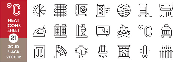 A set of line icons related to heat. Heat, heater, air conditioner, oven, iron, sun, thermometer and so on. Vector outline icons set.