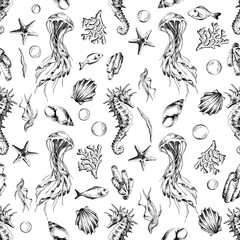 Seahorse and jellyfish with shells, corals, fish, algae and bubbles. Marine illustration of the underwater world hand drawn in black ink graphically. Vector seamless pattern in EPS.