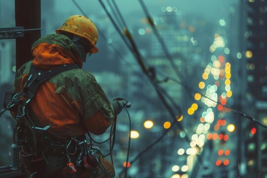 The image shows a lineman working on power lines high above the city.