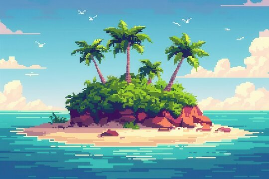 Deserted island flat design top view castaway theme pixel art animation Complementary Color Scheme