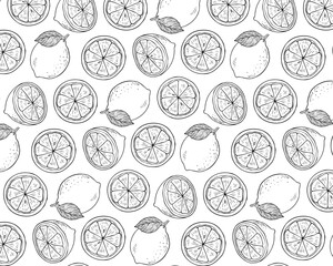 輪切りレモンの手描き風モノトーンシームレスパターン