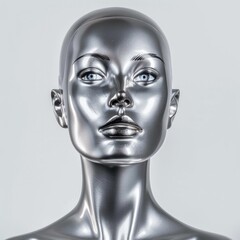 Mannequin Head And Shoulders. Silvery Plastic Woman Dummy Modeling Elegant Dress on White Background