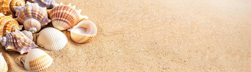 Obraz premium Seashells on a sandy beach with a sunny background. Perfect for summer vacation concepts, beach themes, and relaxing holiday visuals.