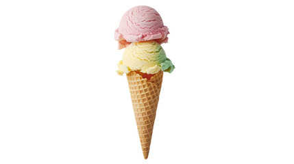 Ice cream cone with three pastel scoops on white background