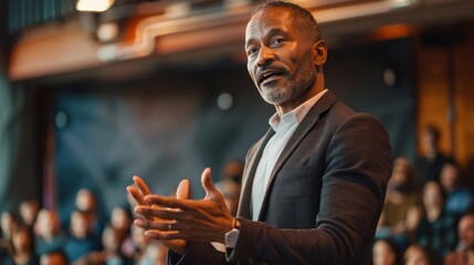 A confident presenter stands on stage, speaking passionately and engagingly to the audience. The backdrop features a modern design, enhancing the professional ambiance. The host's animated gestures