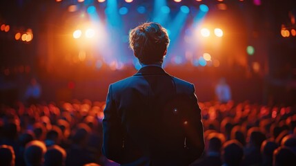 A dynamic presenter delivers a speech on stage with passion and confidence, capturing the audience's attention. The backdrop features a sleek design, enhancing the professional atmosphere. The host's