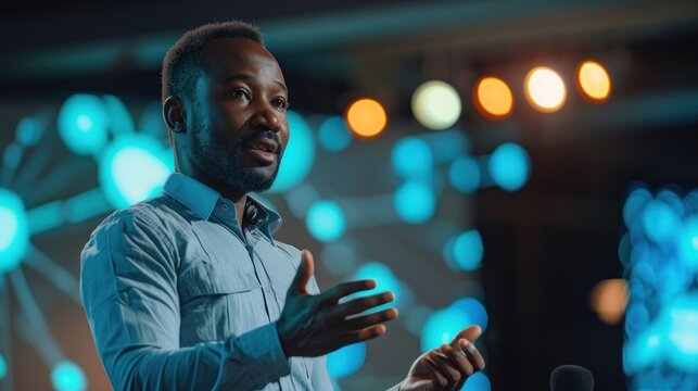 A confident presenter stands on stage, speaking passionately and engagingly to the audience. The backdrop features a modern design, enhancing the professional ambiance. The host's animated gestures