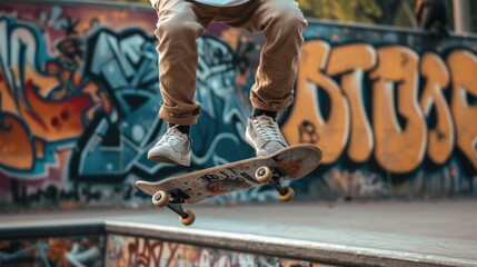 A young man is skateboarding in an urban skate park midair while performing a trick